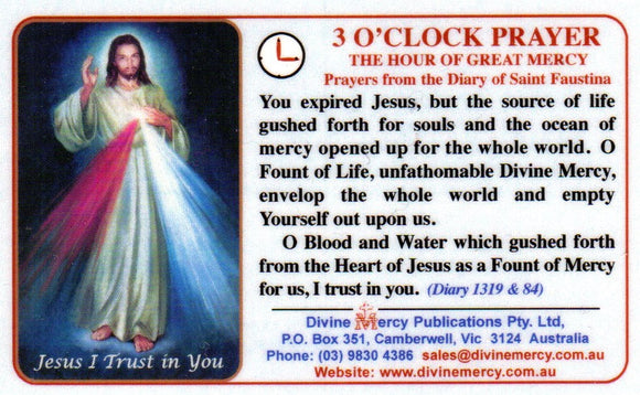 Plastic Card - Divine Mercy Chaplet/3 O'Clock Prayer