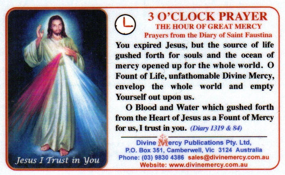 Plastic Card - Divine Mercy Chaplet/3 O'Clock Prayer