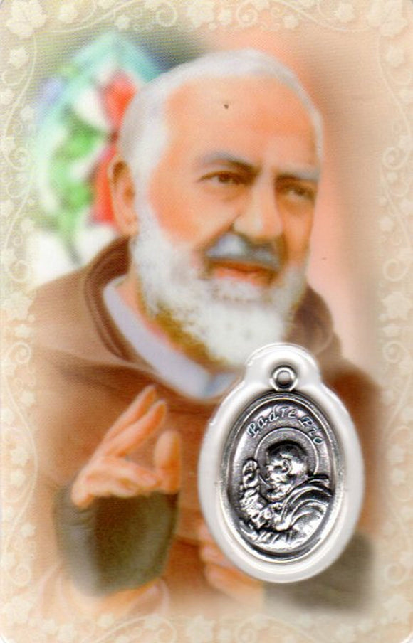 Holy Card - Laminated with High Quality Medal Saint Pio of Pietrelcina