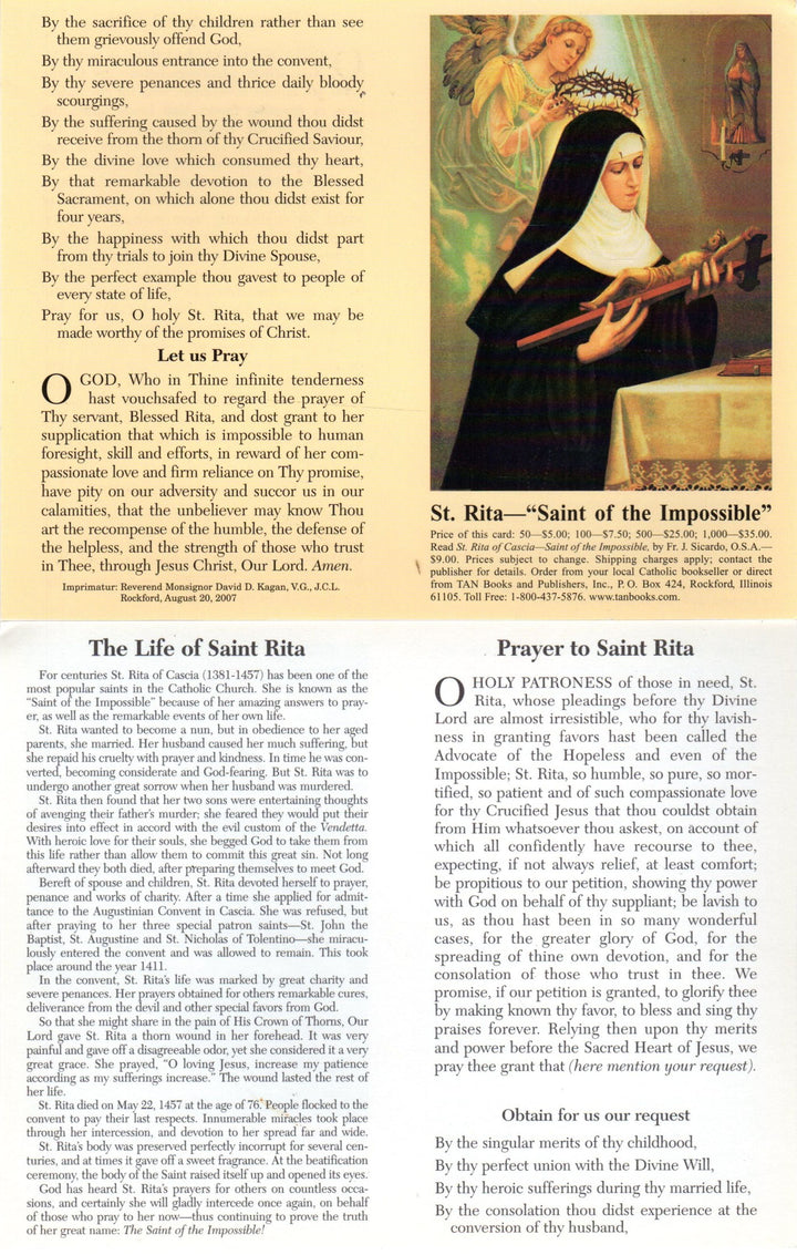 Prayer Card - St Rita Saint of the Impossible Prayer and Biography Car ...