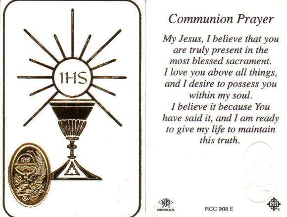 Holy Card - Laminated with Medal First Communion White and Gold