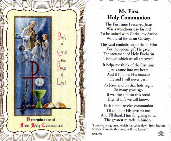 Holy Card - Holy Communion Traditional Priest Boy and Girl