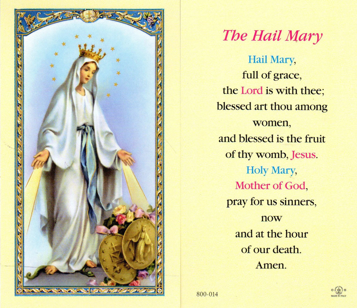 Holy Card - Miraculous Hail Mary – Cardinal Newman Faith Resources Inc