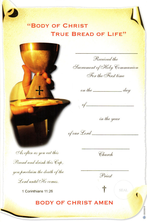 Certificate - Holy Communion Chalice Paten
