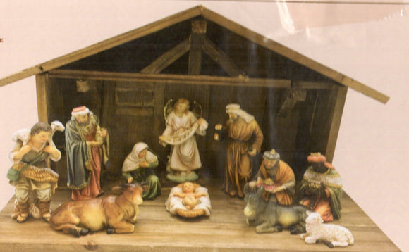 Nativity Scene - 11 piece with Wooden Stable 110mm