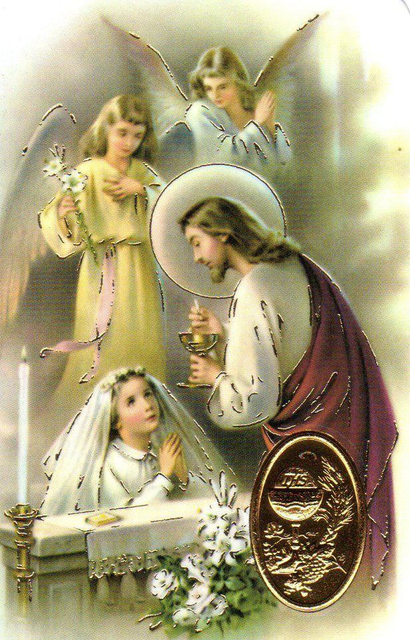 Holy Card - Laminated with Medal First Communion Girl